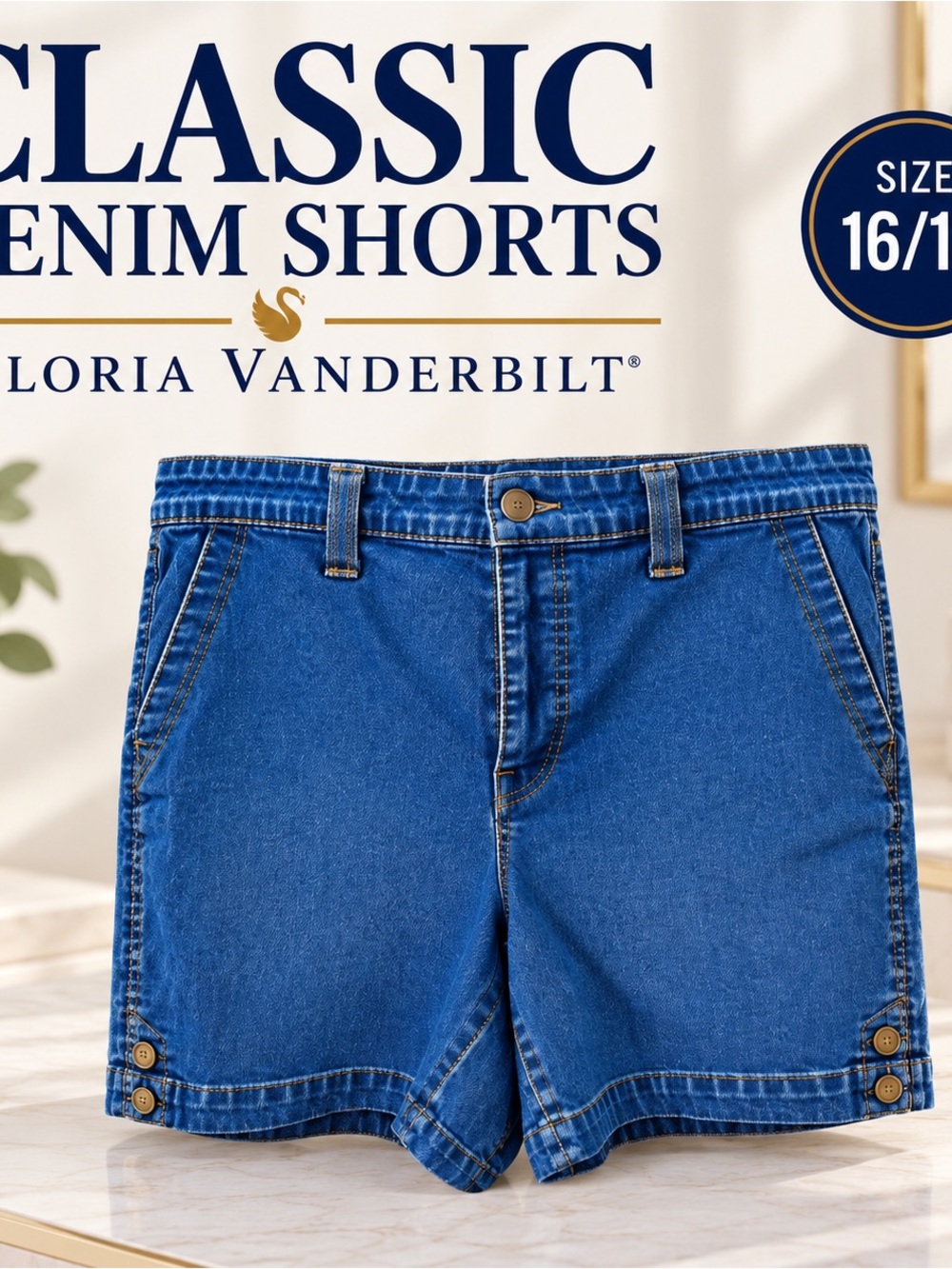 Gloria Vanderbilt Classic Blue Denim Shorts with Button Hem